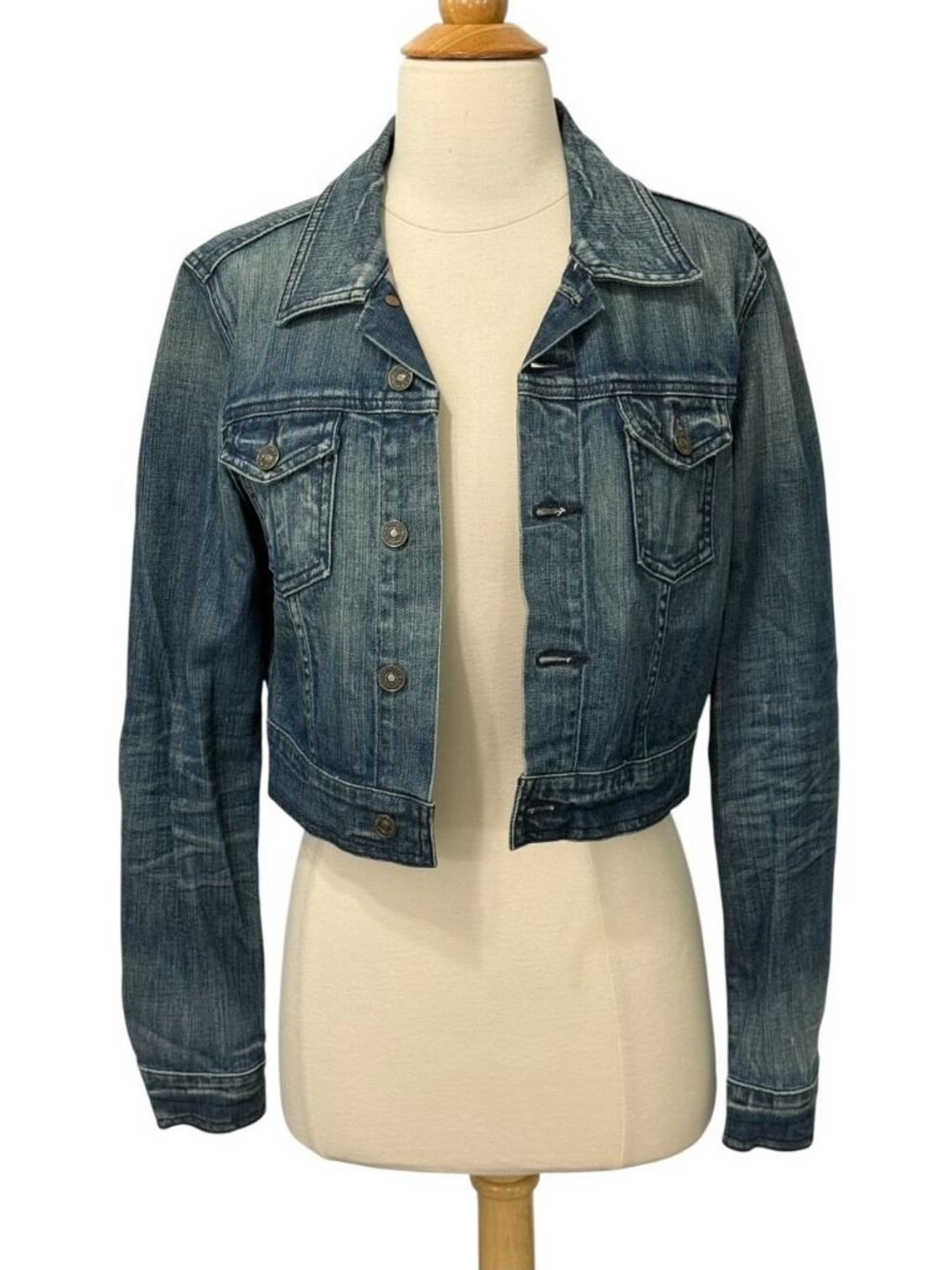 7 for All Mankind Cropped Jean Jacket Trucker Classic Retro Blue Denim Size S - Picture 3 of 11
